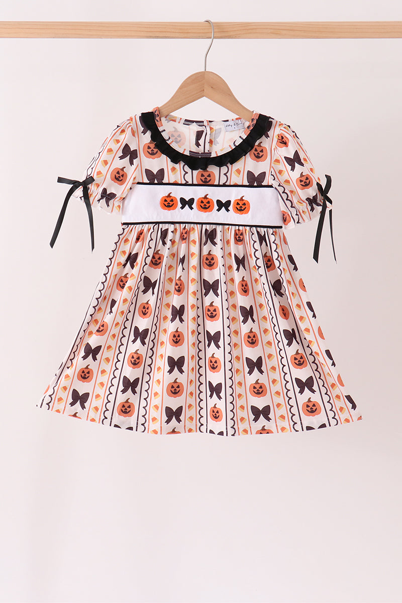Pumpkin Bow Embroidery Ruffle Dress - Sweet Fall Style for Girls