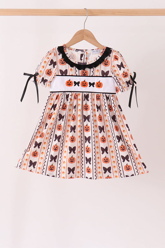 Pumpkin Bow Embroidery Ruffle Dress - Sweet Fall Style for Girls