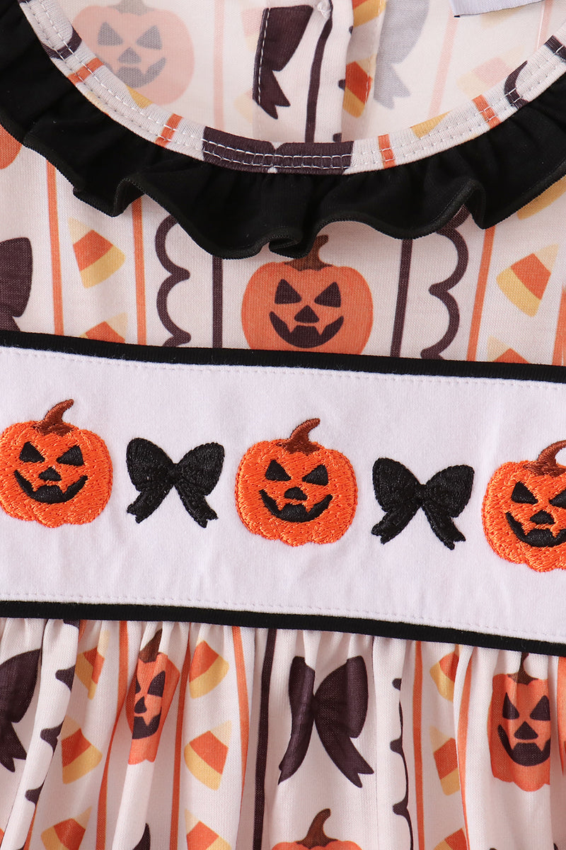 Pumpkin Bow Embroidery Ruffle Dress - Sweet Fall Style for Girls