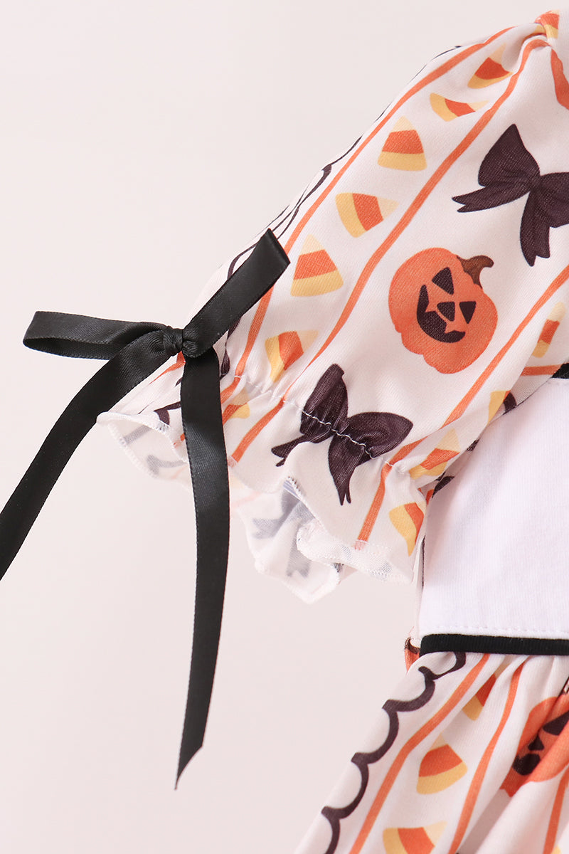 Pumpkin Bow Embroidery Ruffle Dress - Sweet Fall Style for Girls