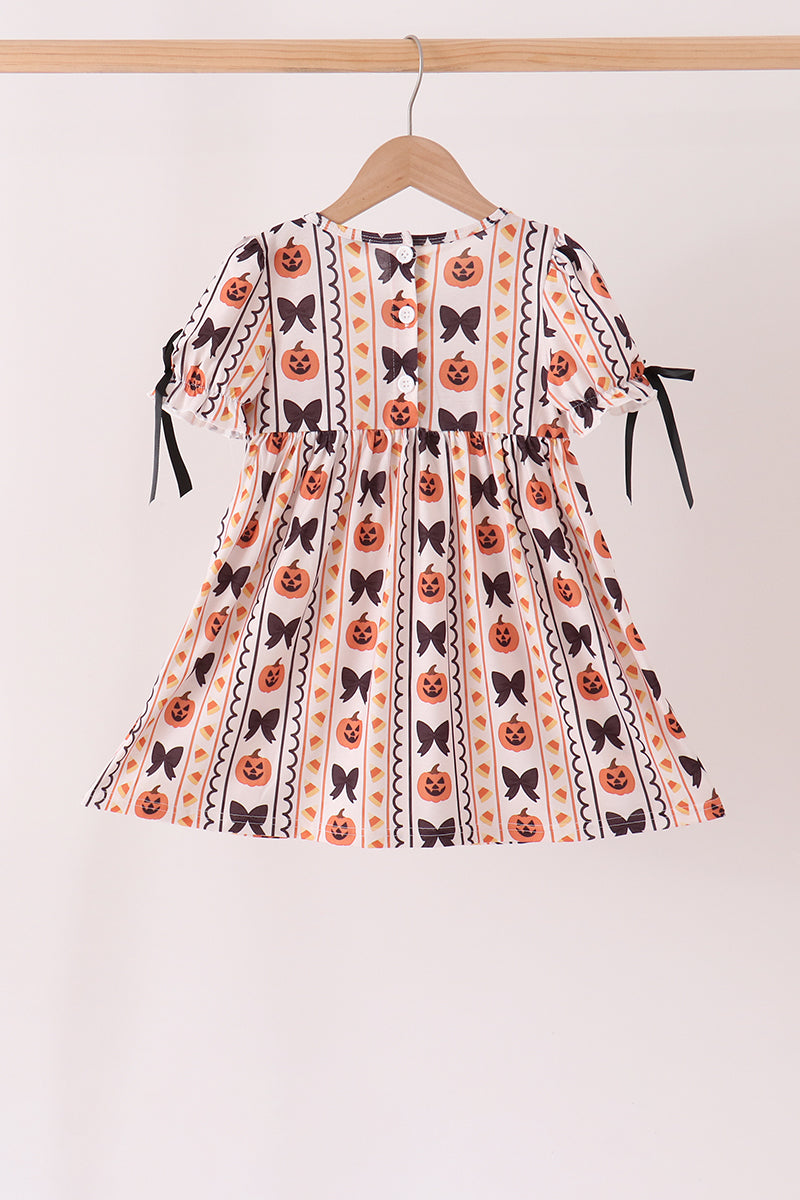 Pumpkin Bow Embroidery Ruffle Dress - Sweet Fall Style for Girls