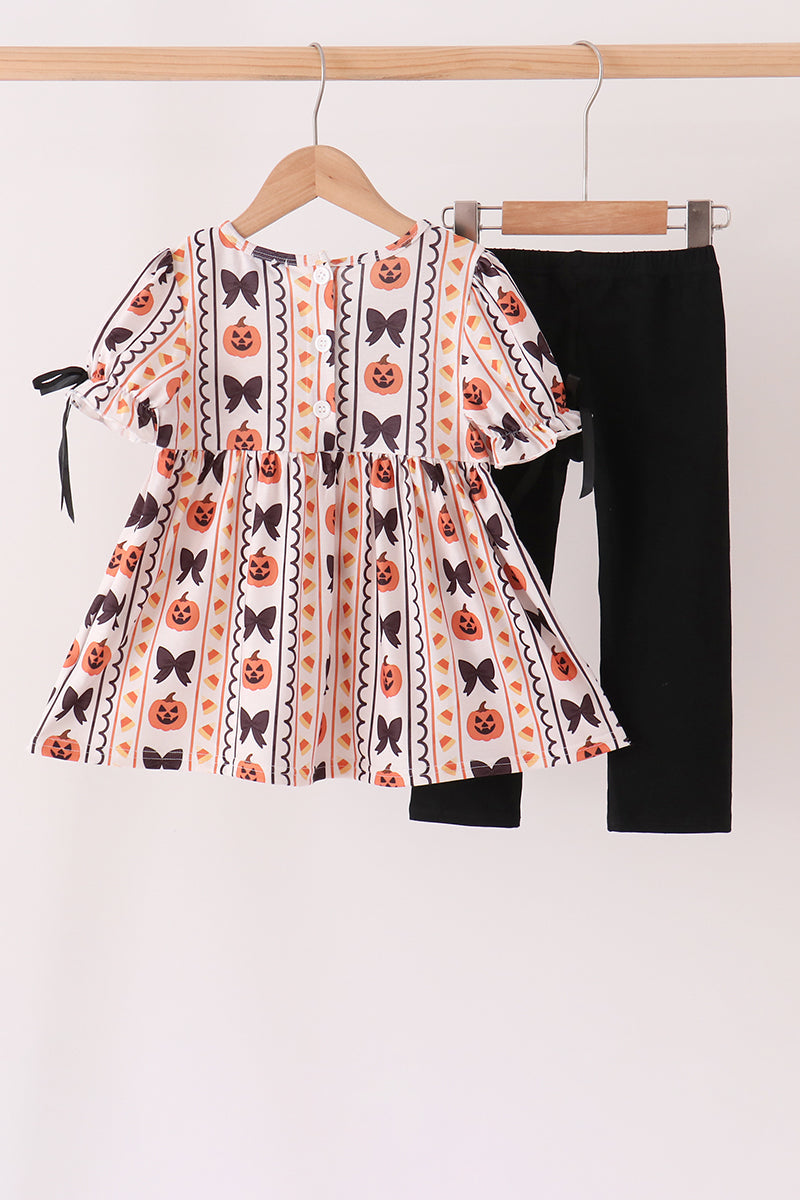 Pumpkin Bow Embroidery Ruffle Pants Set - Sweet Fall Style for Girls