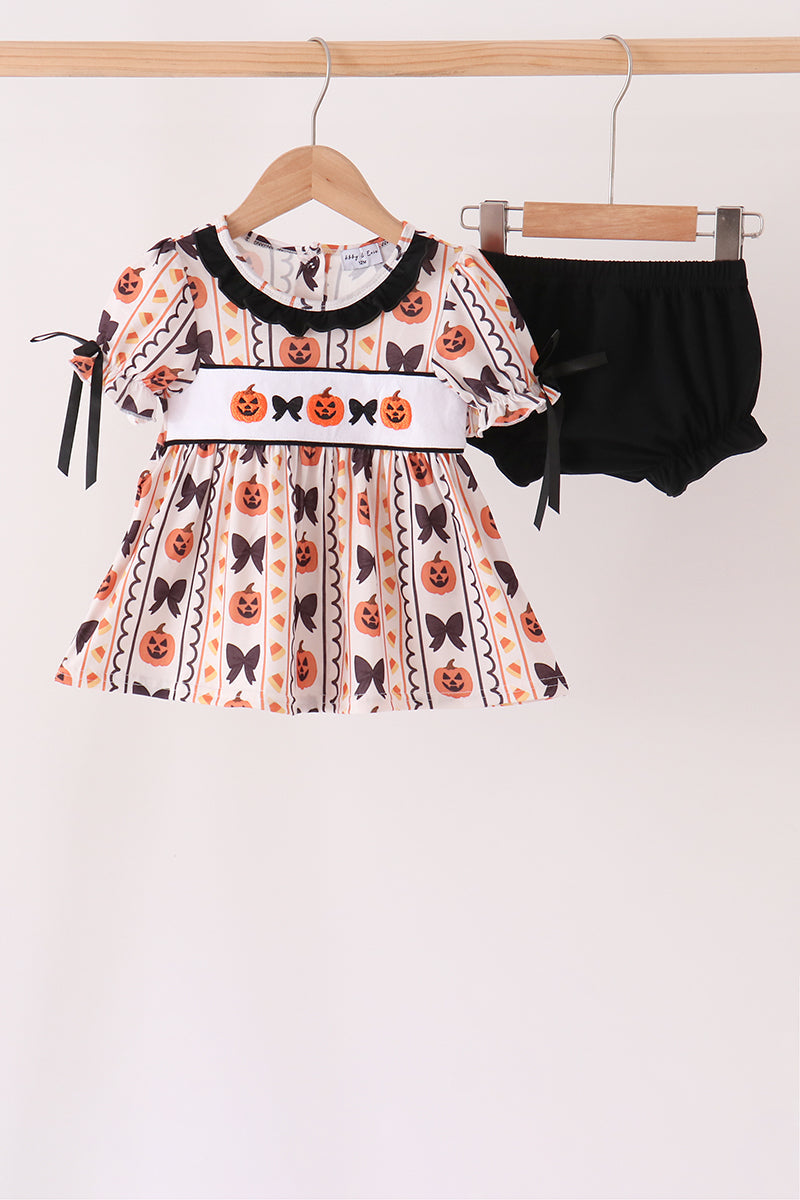 Pumpkin Bow Embroidery Ruffle Bloomer Set - Sweet Fall Style for Girls