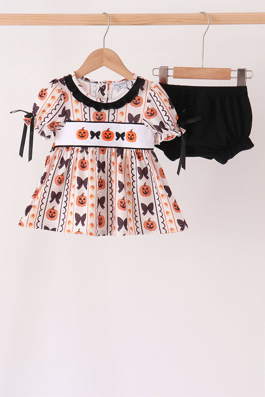Pumpkin Bow Embroidery Ruffle Bloomer Set - Sweet Fall Style for Girls