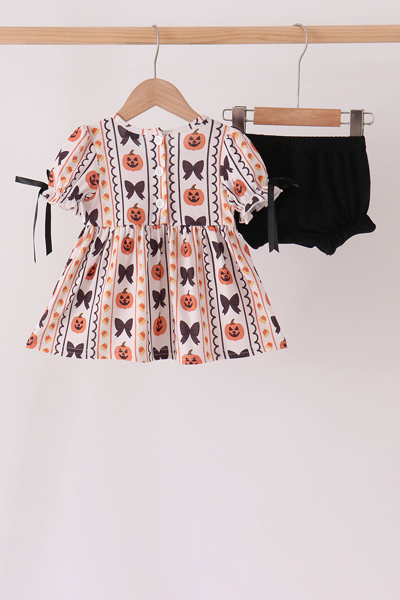 Pumpkin Bow Embroidery Ruffle Bloomer Set - Sweet Fall Style for Girls