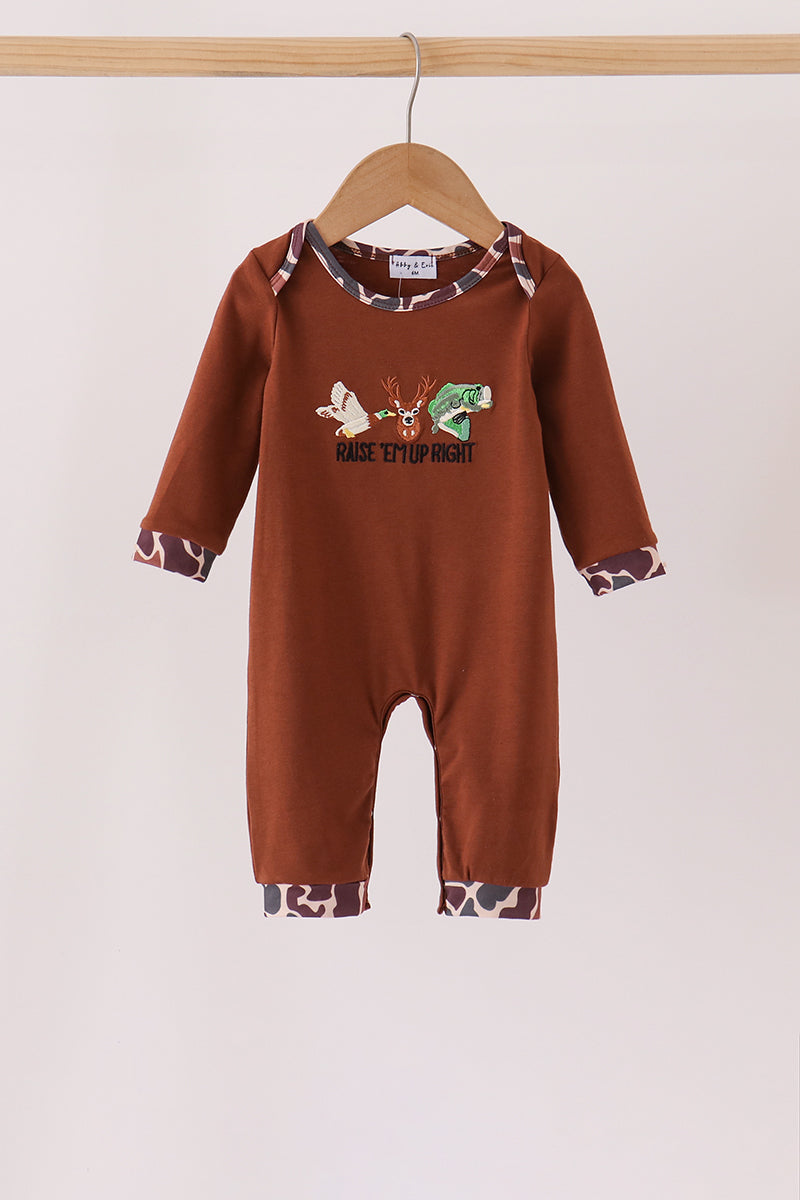 Brown Camouflage Hunting Embroidered Romper - Sweet Outdoorsy Style for Baby Boys