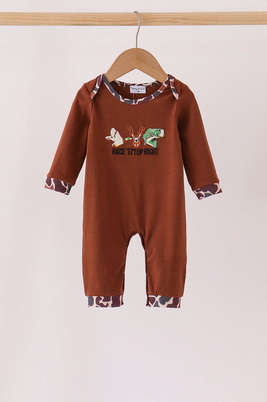 Brown Camouflage Hunting Embroidered Romper - Sweet Outdoorsy Style for Baby Boys