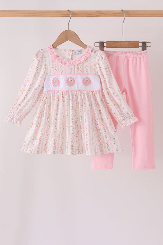 Pink Floral Turkey Embroidery Ruffle Pants Set - Sweet Fall Style for Girls