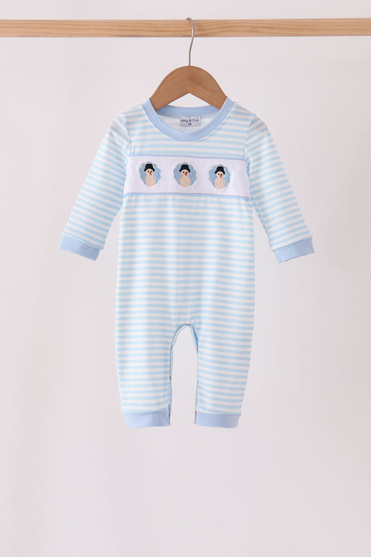 Blue Striped Turkey Embroidery Romper - Sweet Fall Style for Little Ones