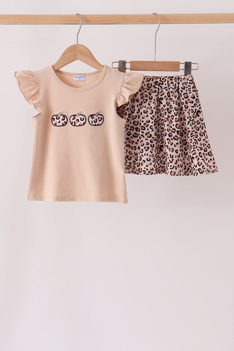 Leopard Pumpkin Appliqué Skort Set - Sweet Fall Style for Girls