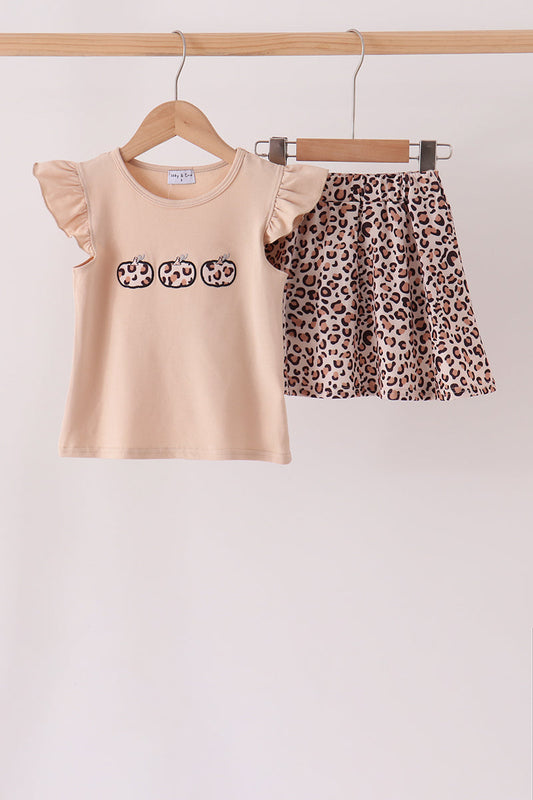 Leopard Pumpkin Appliqué Skort Set - Sweet Fall Style for Girls