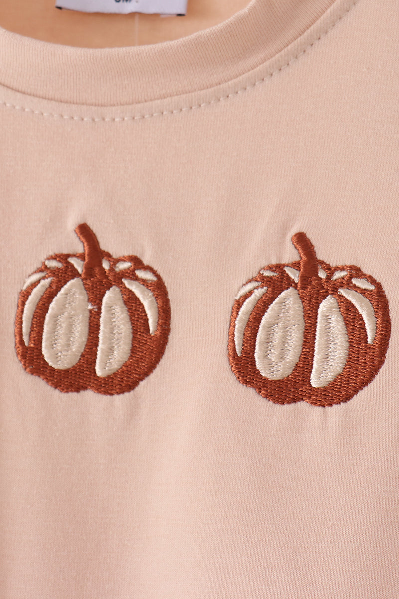 Tan Pumpkin Embroidery Romper - Sweet Fall Style for Baby Girls