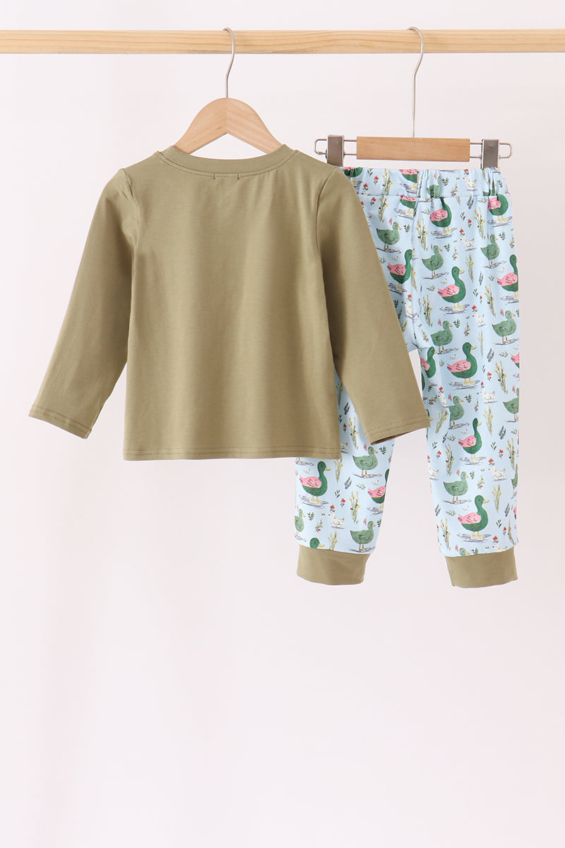 Green Mallard Embroidered Pants Set - Sweet Outdoorsy Style for Little Boys