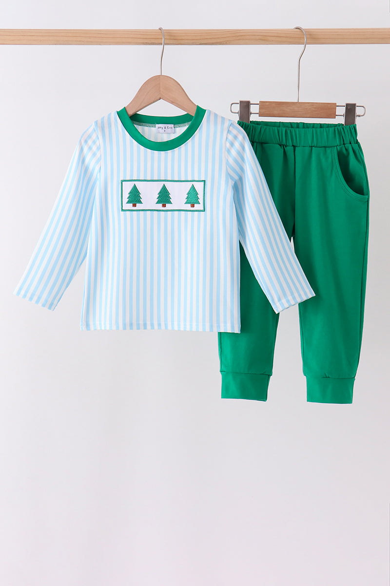 Green Christmas Tree Embroidered Pants Set - Sweet Holiday Style for Boys