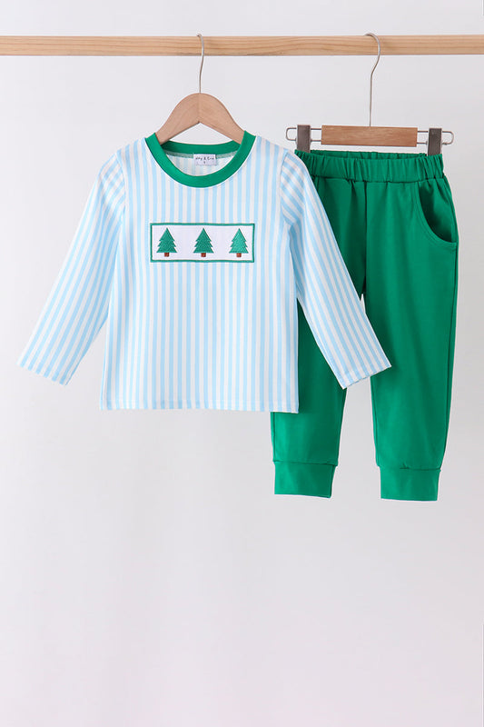 Green Christmas Tree Embroidered Pants Set - Sweet Holiday Style for Boys