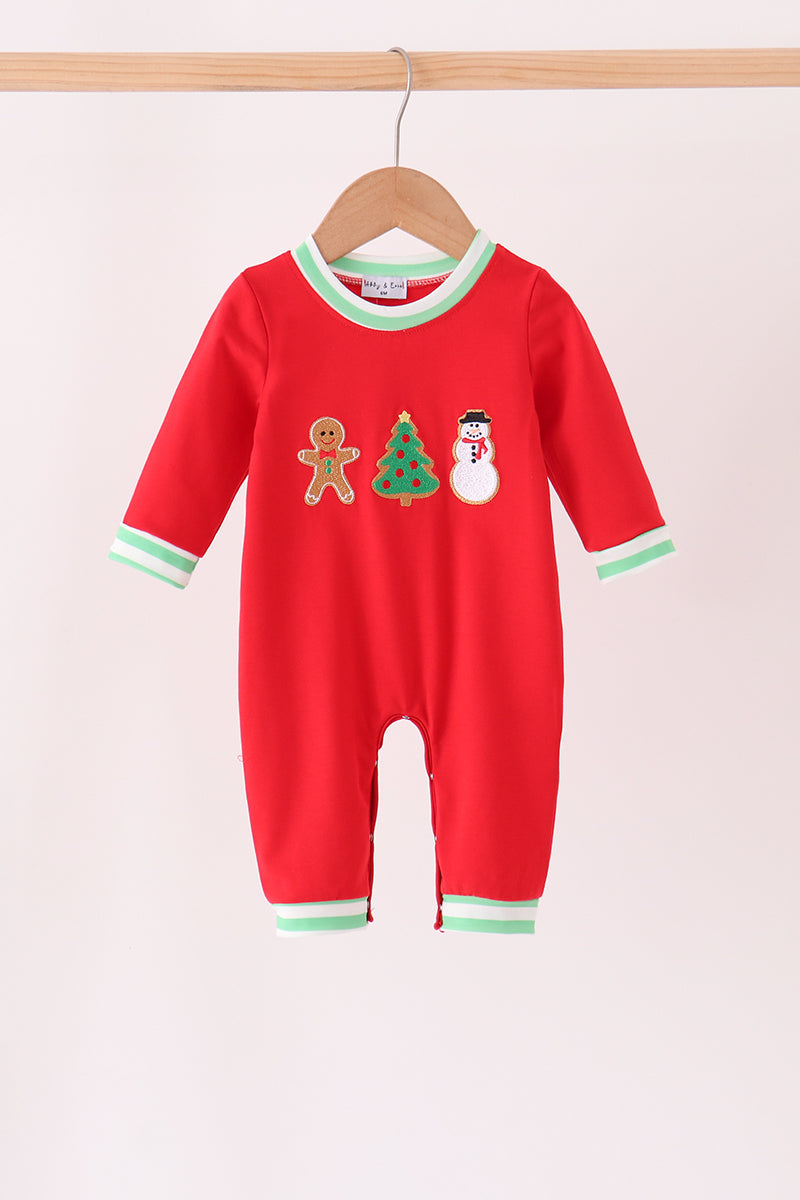 Red Gingerbread Christmas Tree Embroidered Romper - Sweet Holiday Style for Baby Boys