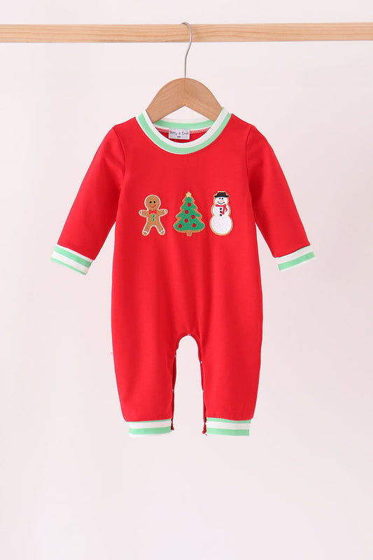 Red Gingerbread Christmas Tree Embroidered Romper - Sweet Holiday Style for Baby Boys