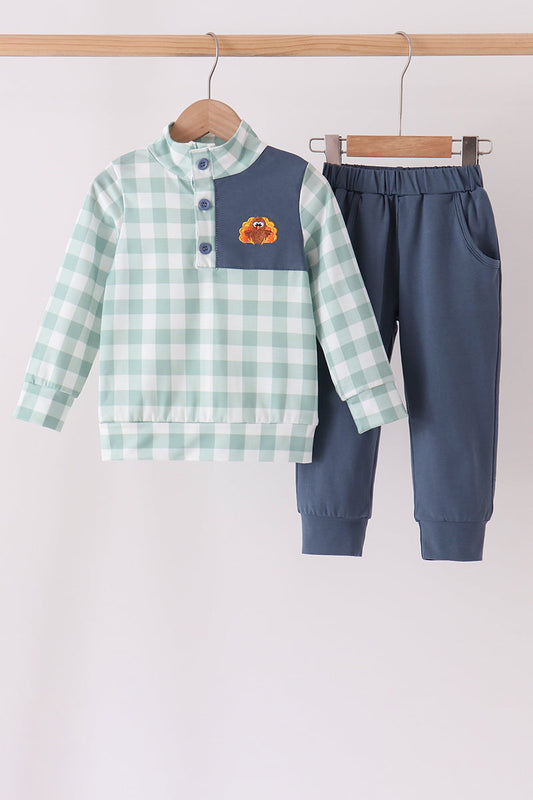 Sage Turkey Embroidery Gingham Jogger Set - Sweet Thanksgiving Style for Boys