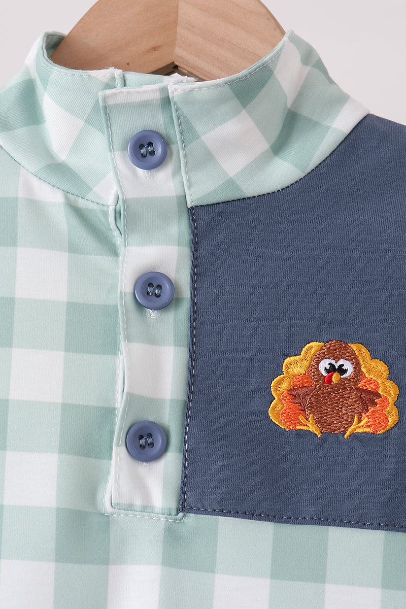 Sage Turkey Embroidery Gingham Jogger Set - Sweet Thanksgiving Style for Boys