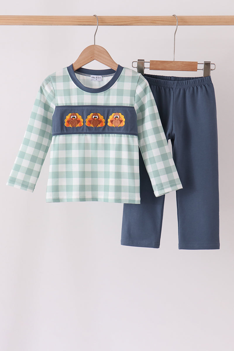Sage Gingham Turkey Embroidered Pants Set - Sweet Thanksgiving Style for Little Boys