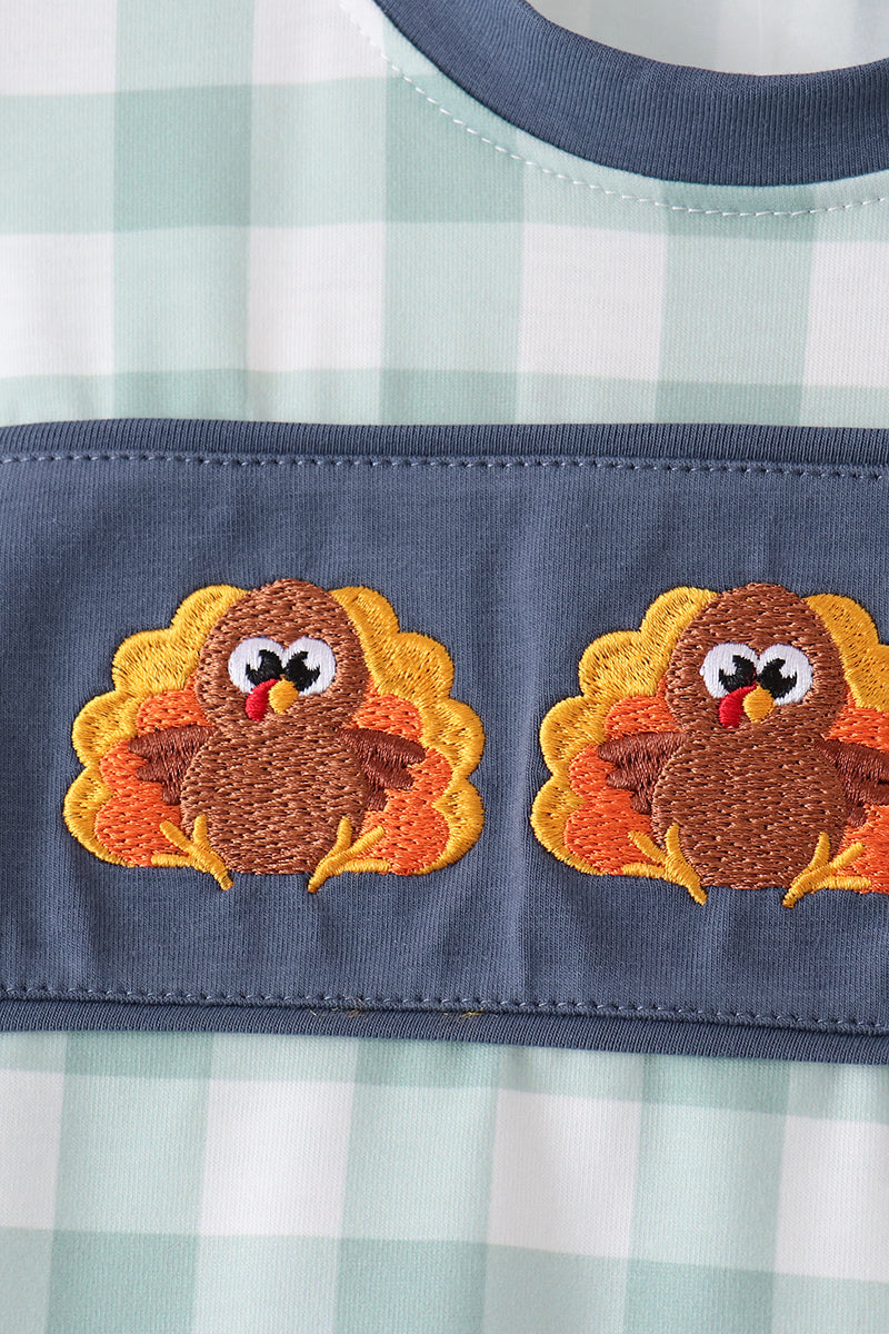 Sage Gingham Turkey Embroidered Pants Set - Sweet Thanksgiving Style for Little Boys