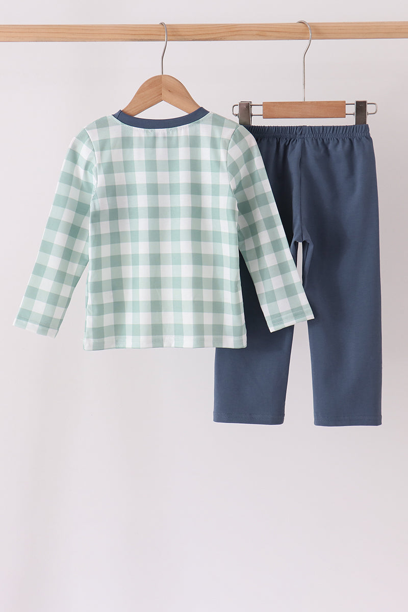 Sage Gingham Turkey Embroidered Pants Set - Sweet Thanksgiving Style for Little Boys