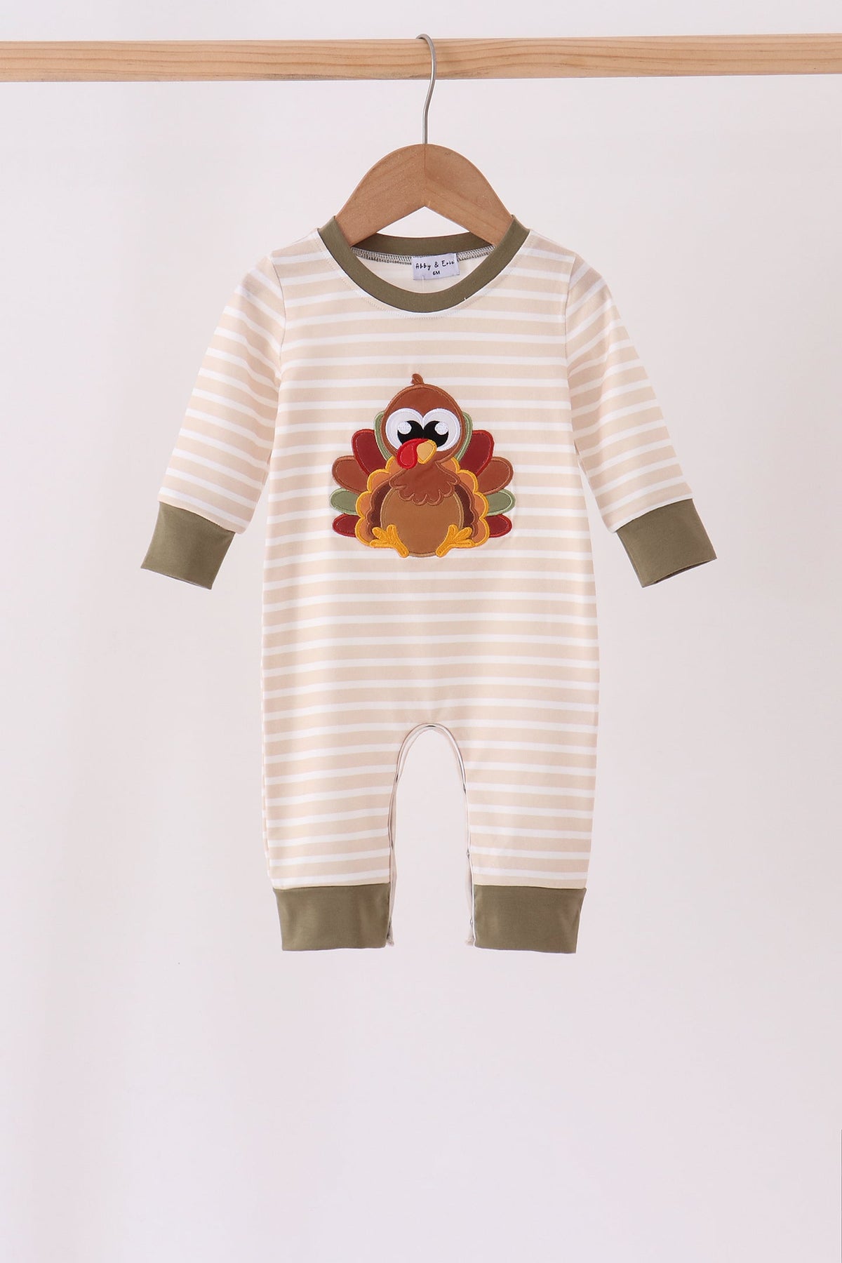 Olive Trim Striped Turkey Appliqué Romper - Sweet Thanksgiving Style for Baby Boys