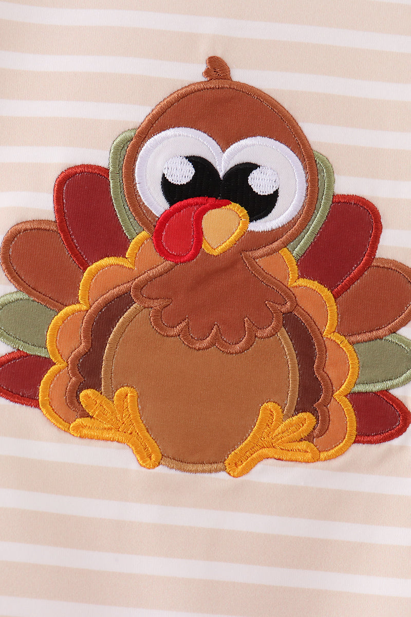 Olive Trim Striped Turkey Appliqué Romper - Sweet Thanksgiving Style for Baby Boys