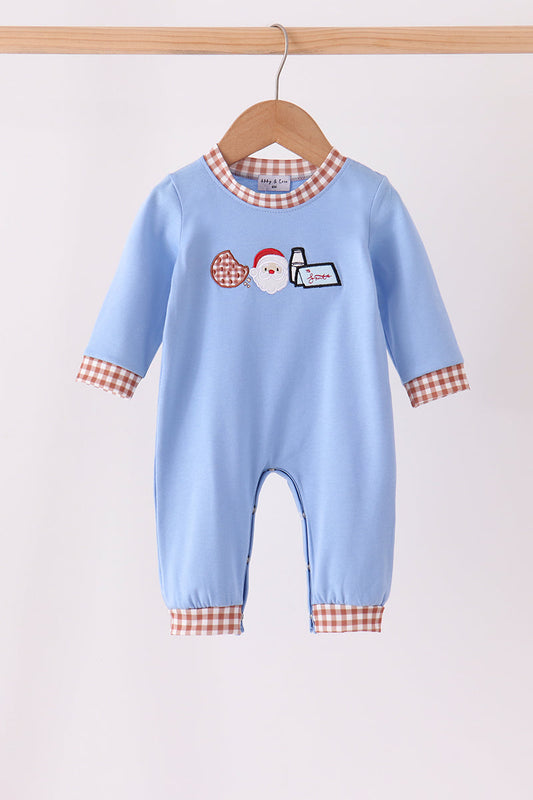 Blue Santa Milk & Cookies Embroidered Romper - Sweet Christmas Style for Baby Boys