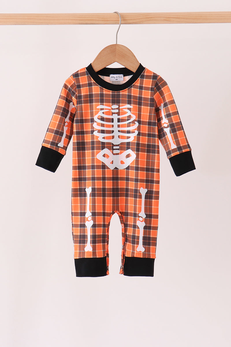 Orange Plaid Skeleton Romper - Sweet Halloween Style for Baby Boys