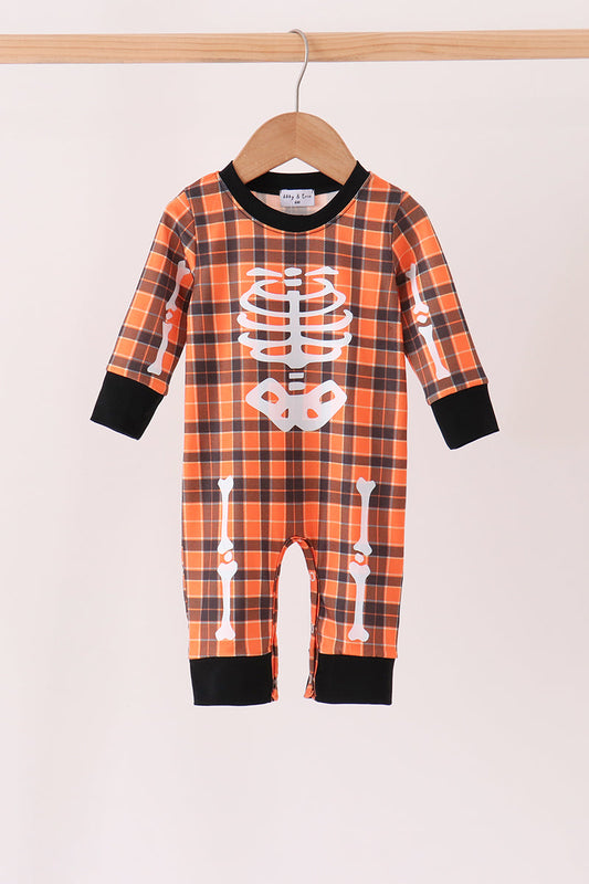 Orange Plaid Skeleton Romper - Sweet Halloween Style for Baby Boys