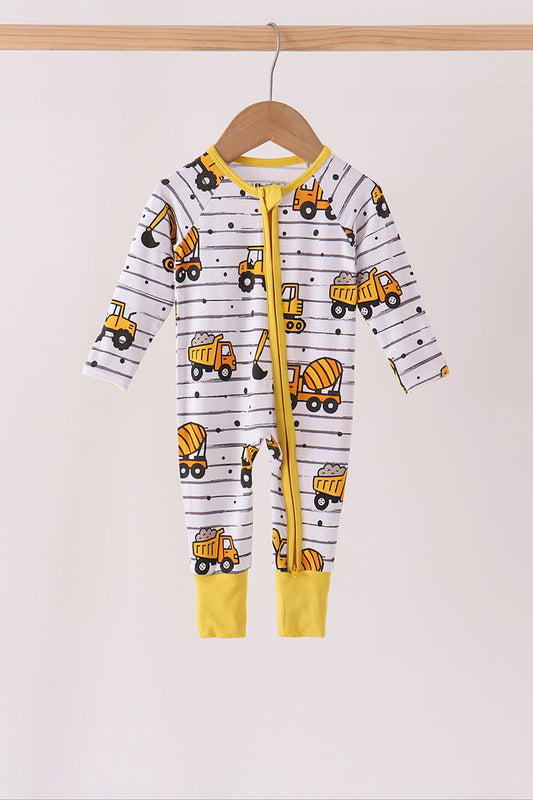 Yellow Construction Trucks Bamboo Zipper Romper - Playful Style for Baby Boys