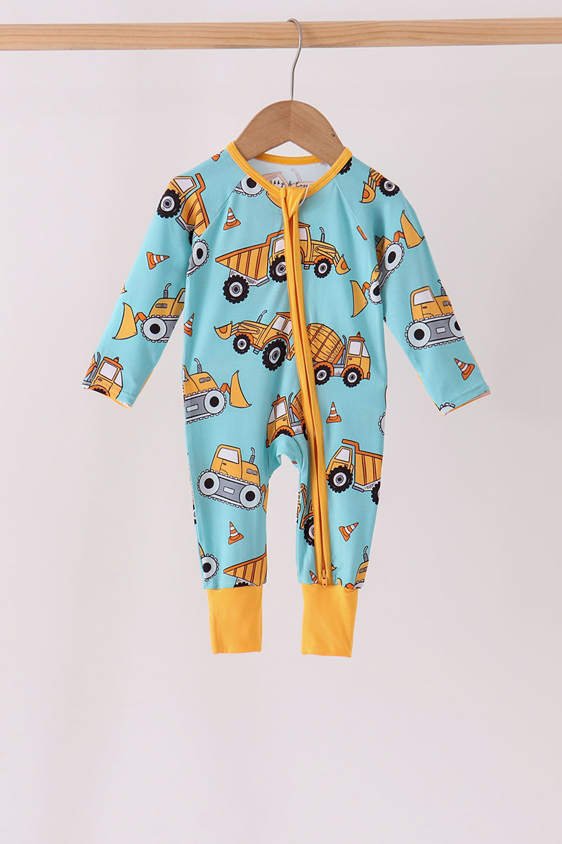Construction Trucks Bamboo Zipper Romper - Playful Adventures for Baby Boys