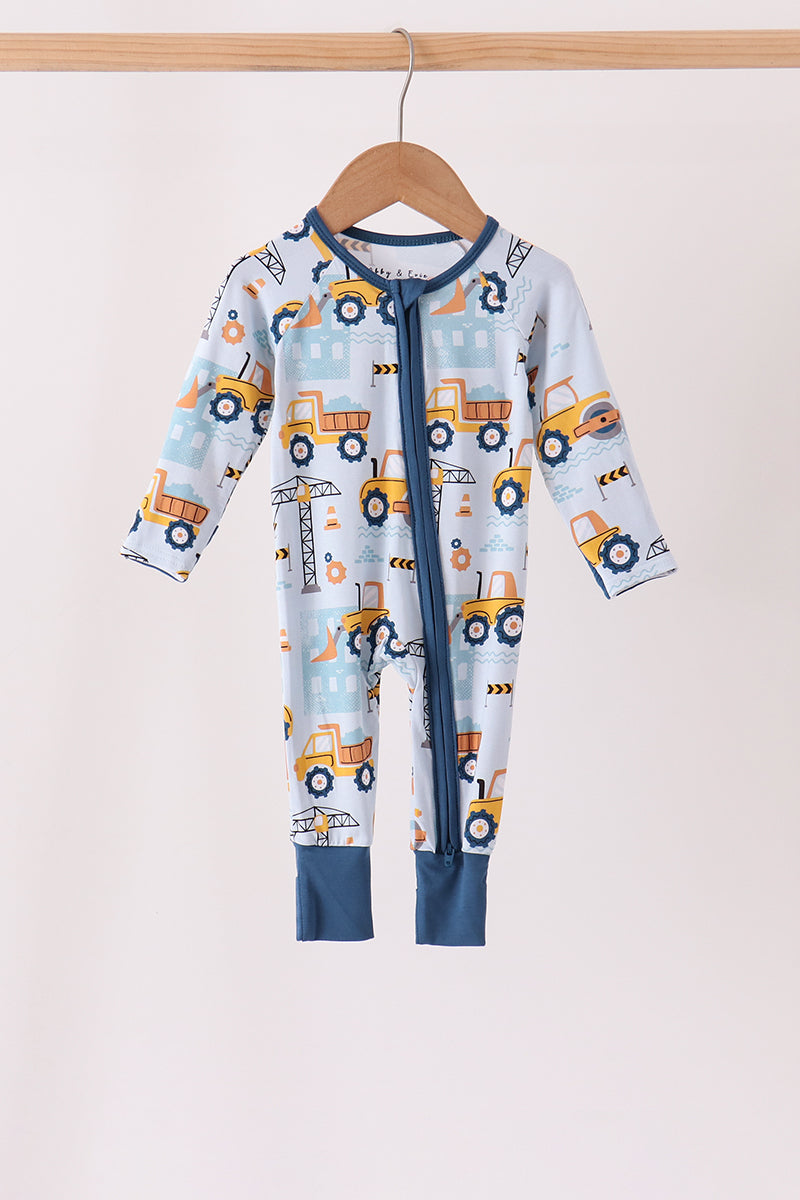 Blue Construction Trucks Bamboo Zipper Romper - Sweet Everyday Style for Baby Boys