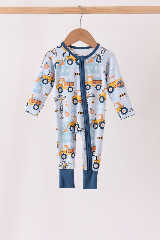 Blue Construction Trucks Bamboo Zipper Romper - Sweet Everyday Style for Baby Boys