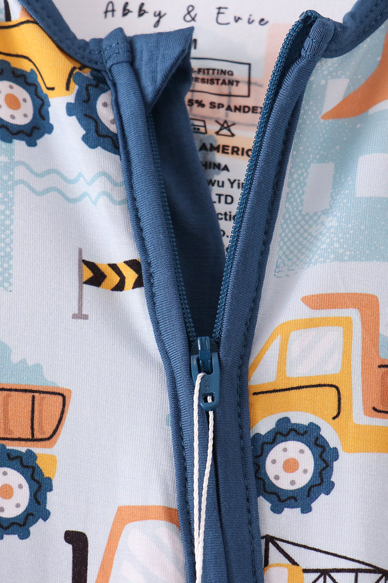 Blue Construction Trucks Bamboo Zipper Romper - Sweet Everyday Style for Baby Boys