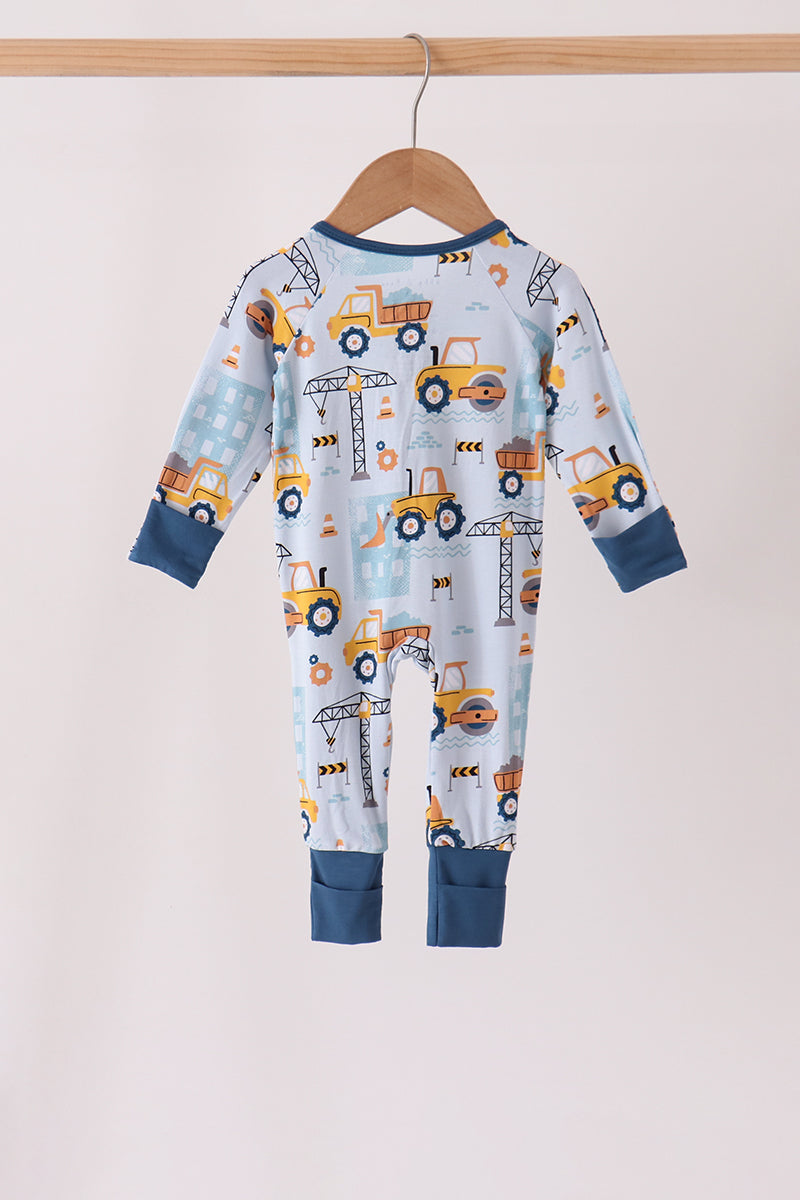 Blue Construction Trucks Bamboo Zipper Romper - Sweet Everyday Style for Baby Boys