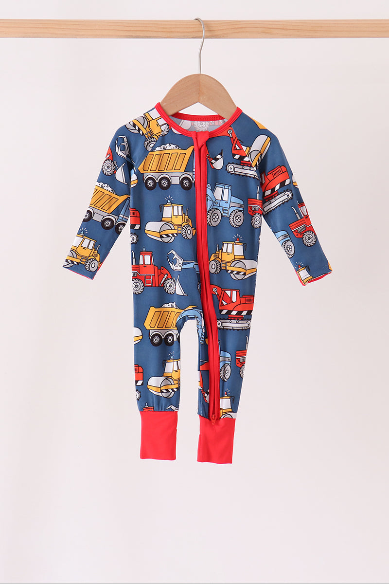 Navy Tractor & Construction Trucks Bamboo Zipper Romper - Sweet Everyday Style for Baby Boys