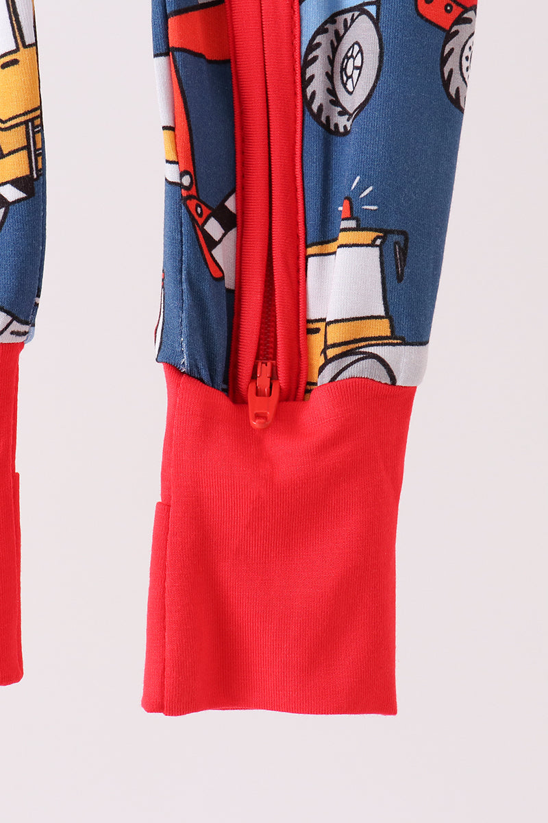 Navy Tractor & Construction Trucks Bamboo Zipper Romper - Sweet Everyday Style for Baby Boys