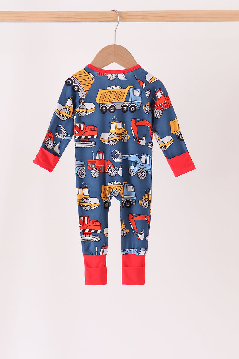 Navy Tractor & Construction Trucks Bamboo Zipper Romper - Sweet Everyday Style for Baby Boys