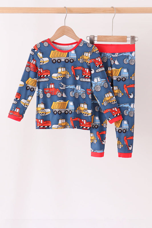 Navy Tractor & Construction Trucks Bamboo Pajama Set - Sweet Bedtime Comfort for Little Boys