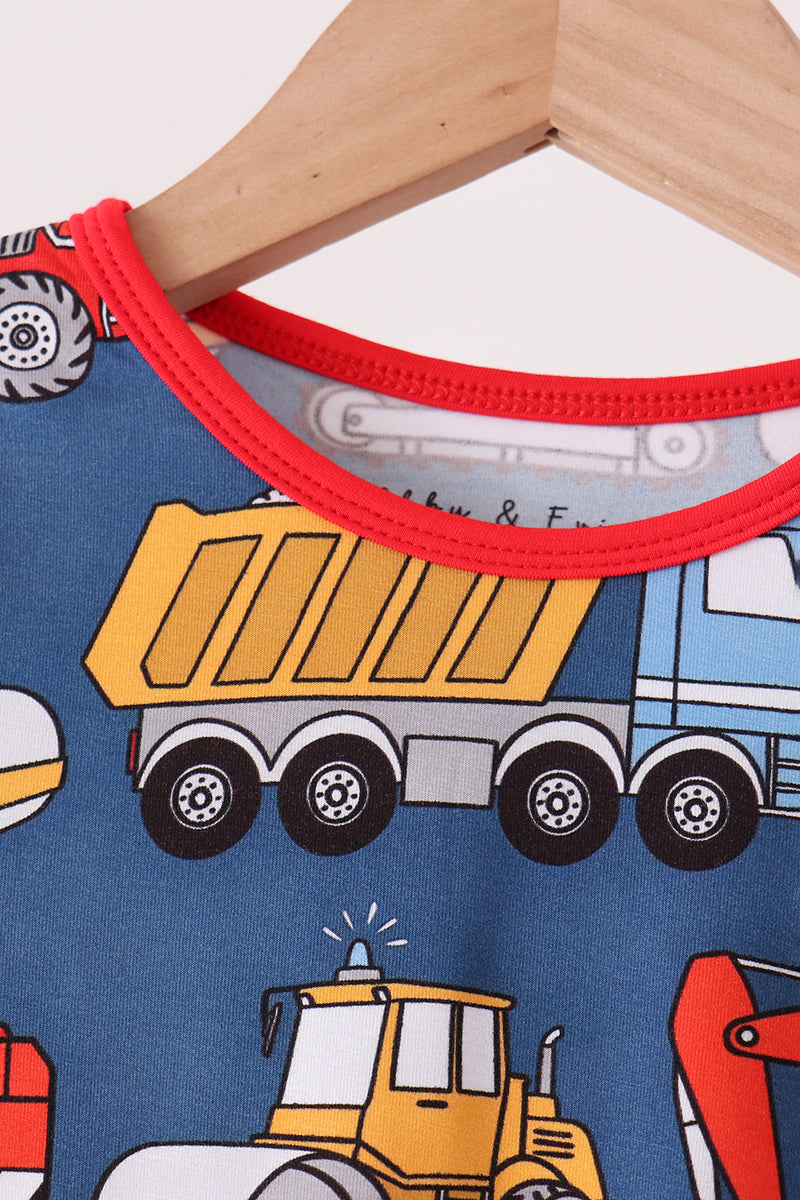 Navy Tractor & Construction Trucks Bamboo Pajama Set - Sweet Bedtime Comfort for Little Boys