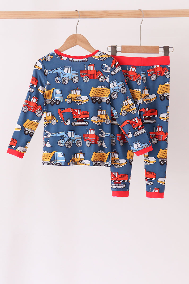 Navy Tractor & Construction Trucks Bamboo Pajama Set - Sweet Bedtime Comfort for Little Boys
