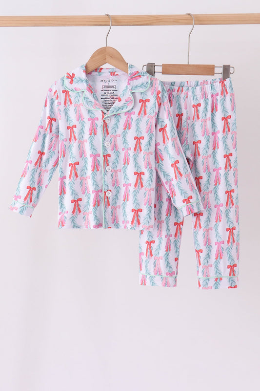 Pink Bow Christmas Tree Bamboo Pajama Set - Sweet Holiday Dreams for Girls