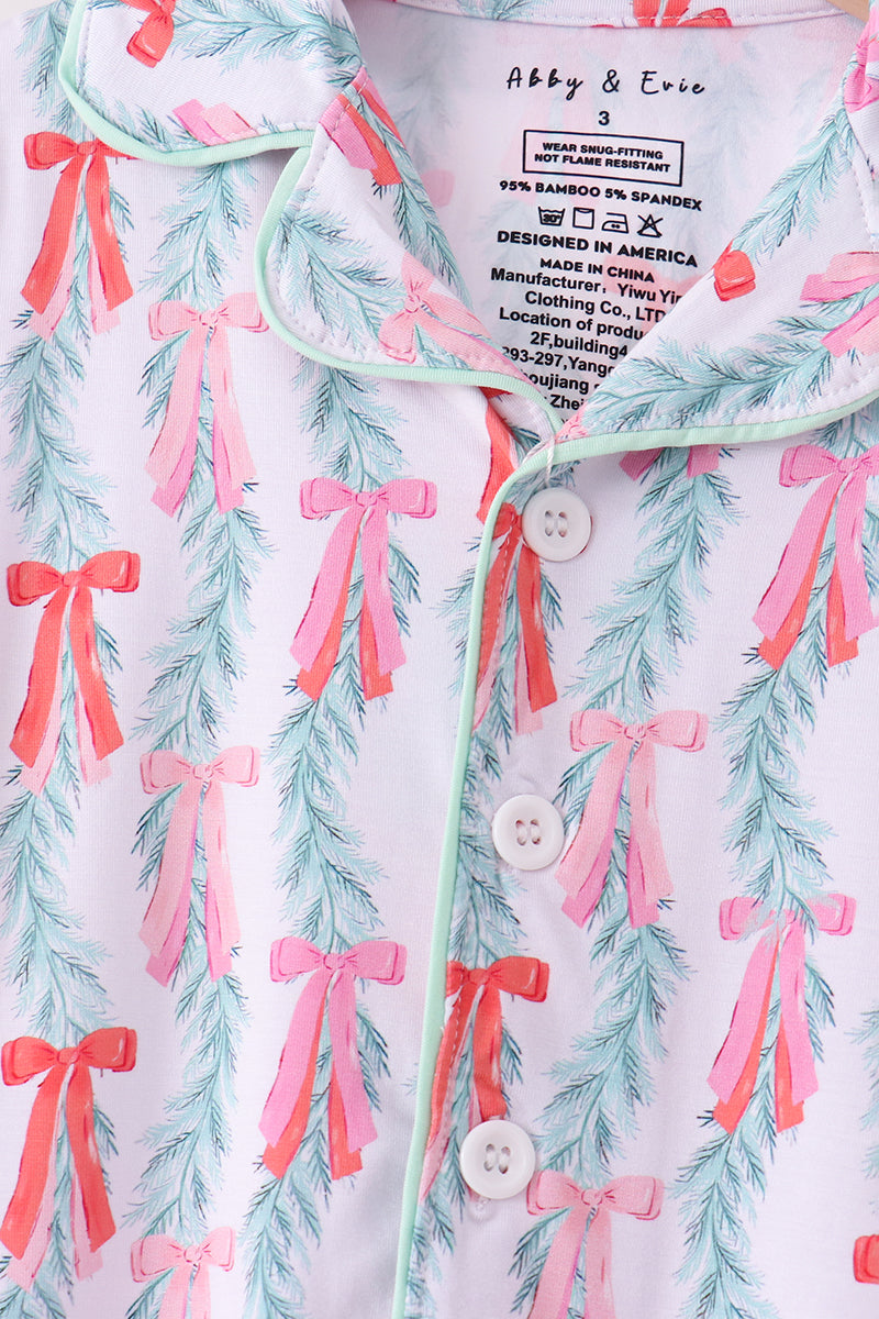Pink Bow Christmas Tree Bamboo Pajama Set - Sweet Holiday Dreams for Girls