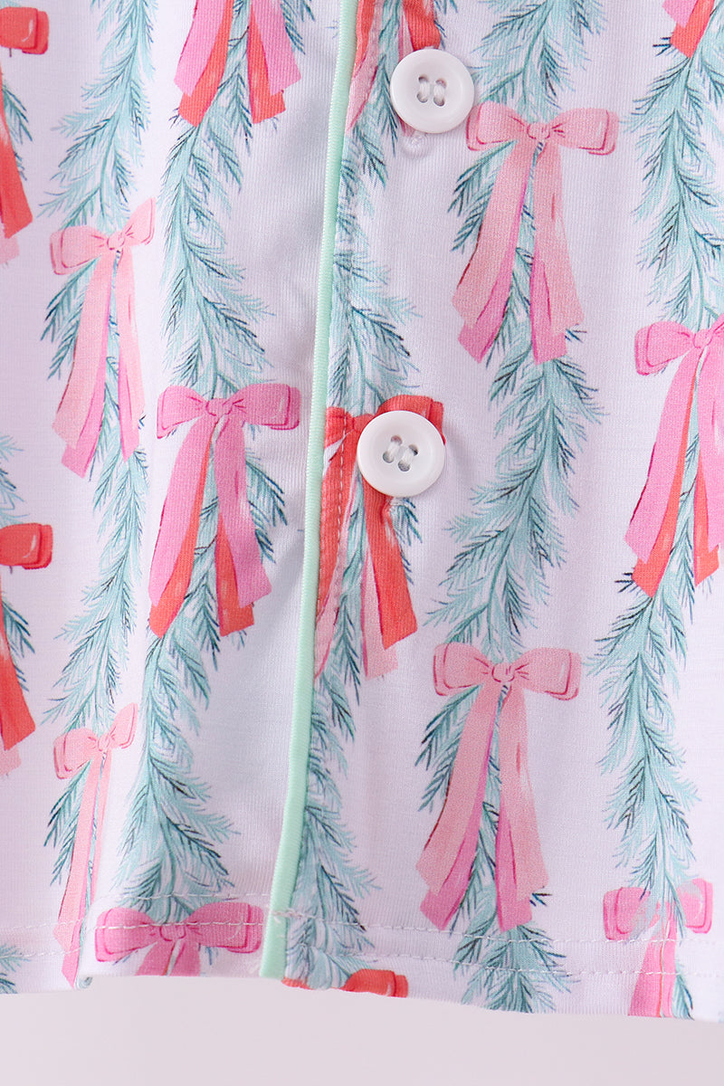 Pink Bow Christmas Tree Bamboo Pajama Set - Sweet Holiday Dreams for Girls