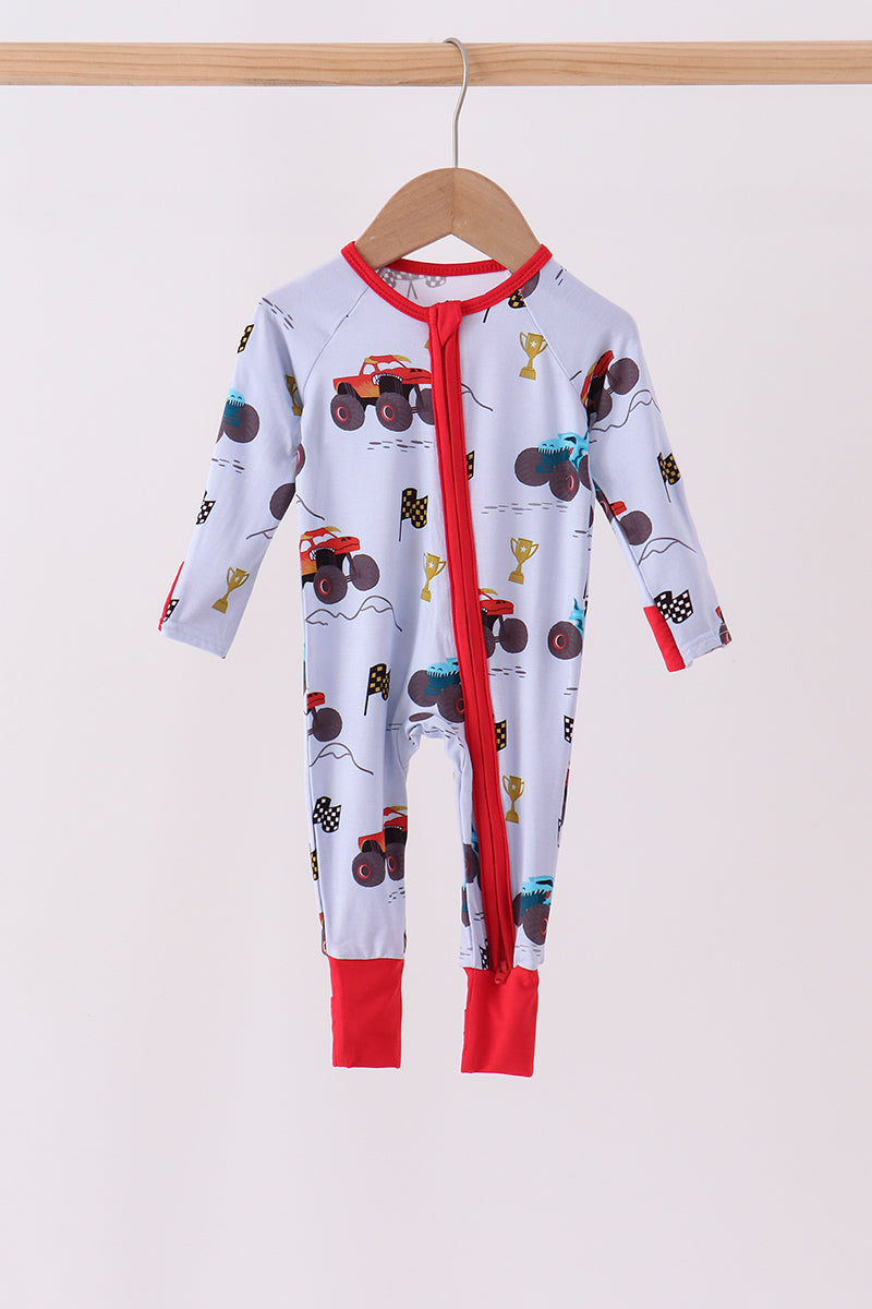 Blue Racing Car Bamboo Zipper Romper - Playful Adventures for Baby Boys