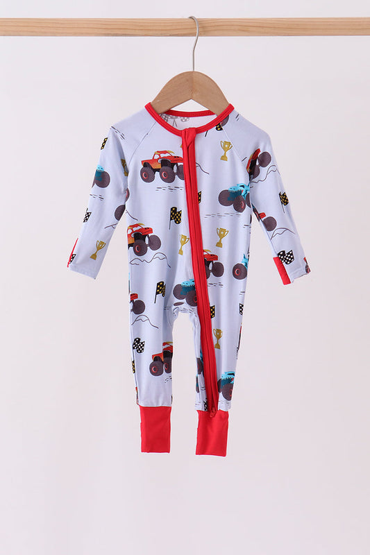 Blue Racing Car Bamboo Zipper Romper - Playful Adventures for Baby Boys