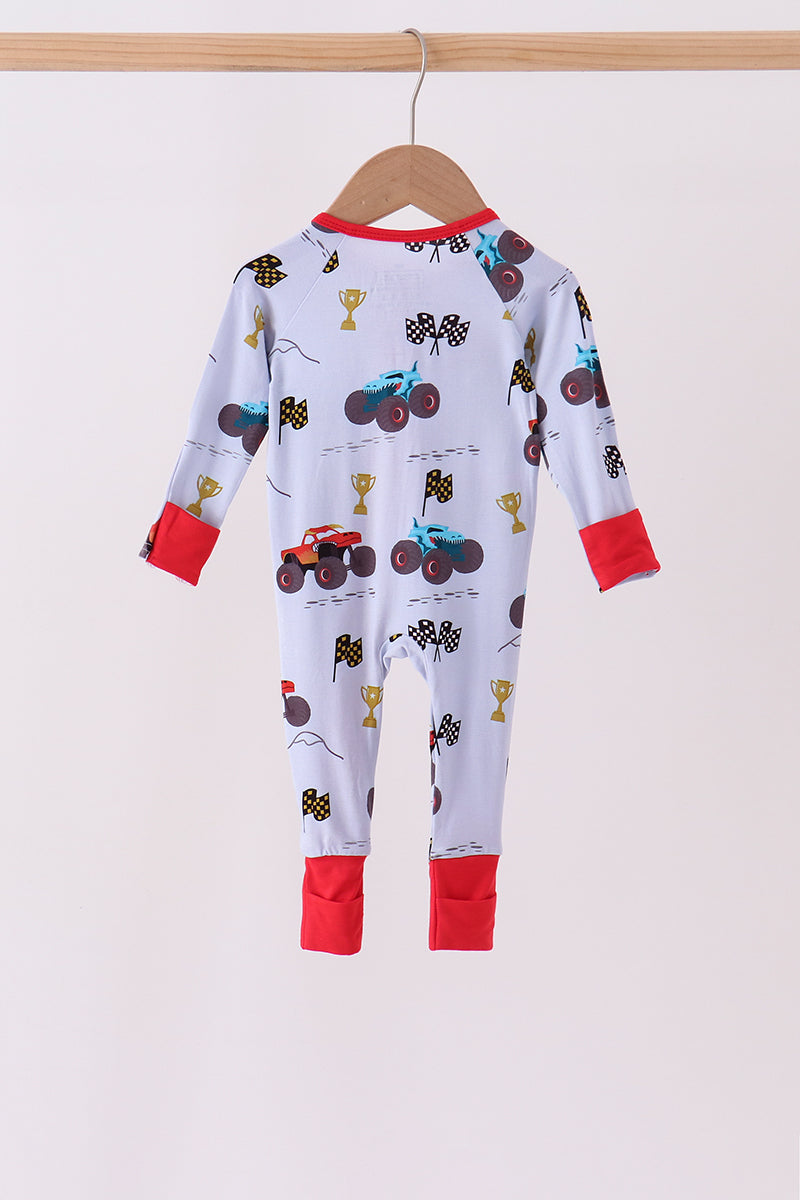 Blue Racing Car Bamboo Zipper Romper - Playful Adventures for Baby Boys