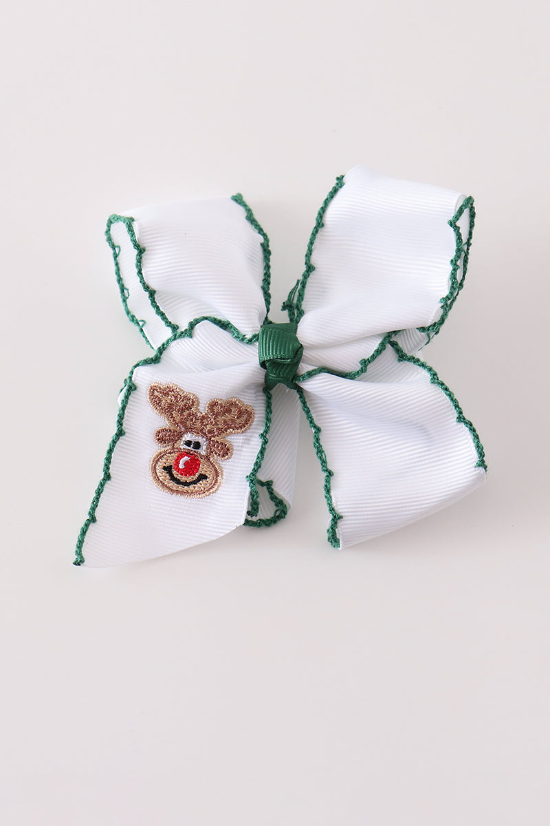 Forest Reindeer Embroidery Crochet Edge Hair Bow - Whimsical Holiday Accessory for Girls